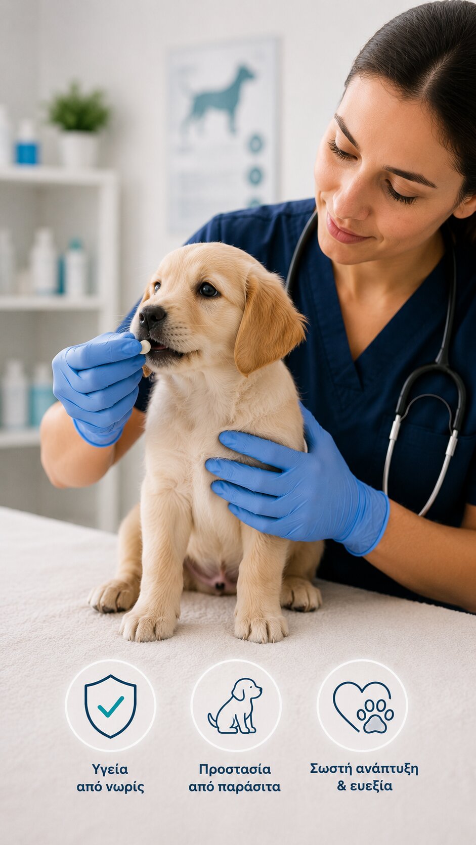 κτηνίατρος της YourVet κάνει αποπαρασίτωση κουταβιού