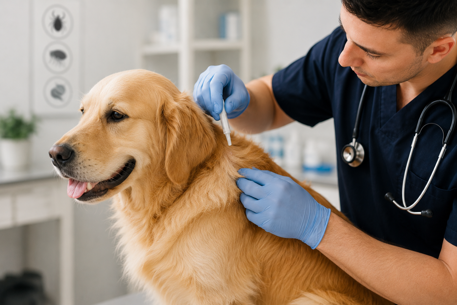 κτηνίατρος της YourVet κάνει εξωτερική αποπαρασίτωση σκύλου