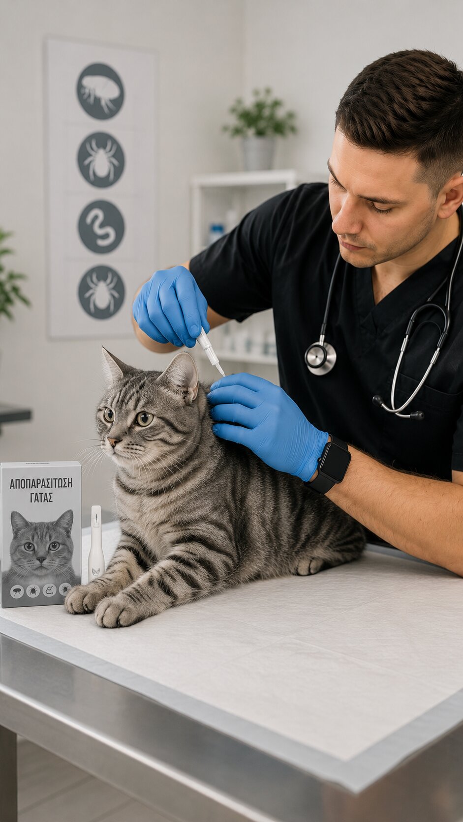 κτηνίατρος της YourVet διενεργεί αποπαρασίτωση γάτας