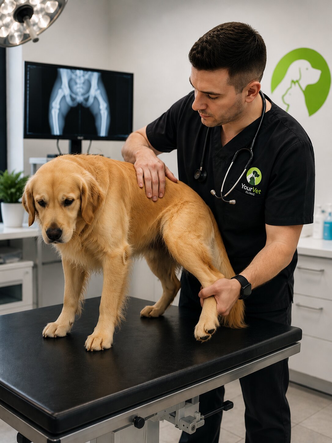 ο κτηνίατρος της YourVet κάνει ορθοπεδική αξιολόγηση σε σκύλο