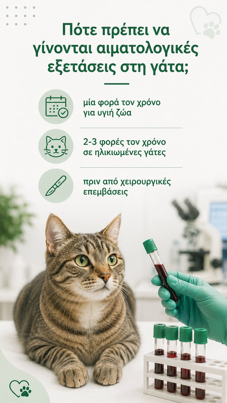 infographic που δειχνει ποτε και σε ποιες περιπτωσεις πρεπει να γινονται αιματολογικες εξετασεις στη γατα